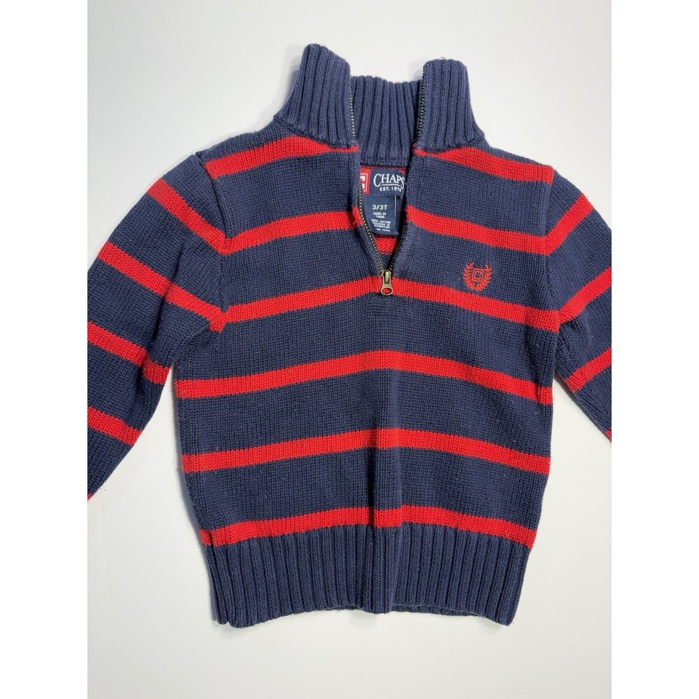 Chaps Knit Sweater Toddler Boy Size 3T Navy Blue Red Striped 1/4 Zip Long Sleeve